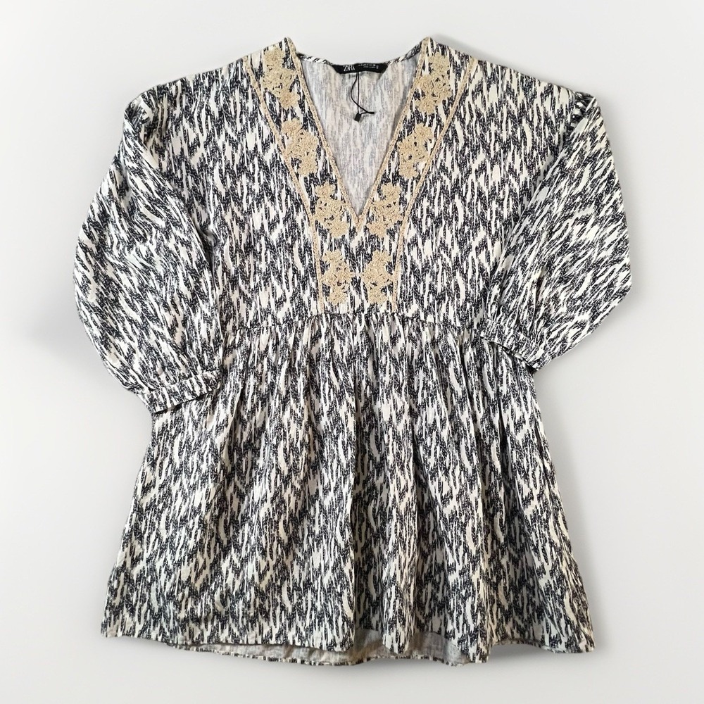 Zara Boho Tunic Top Dress S Black Cream‎ Ikat Print Crochet Embroidered V Neck